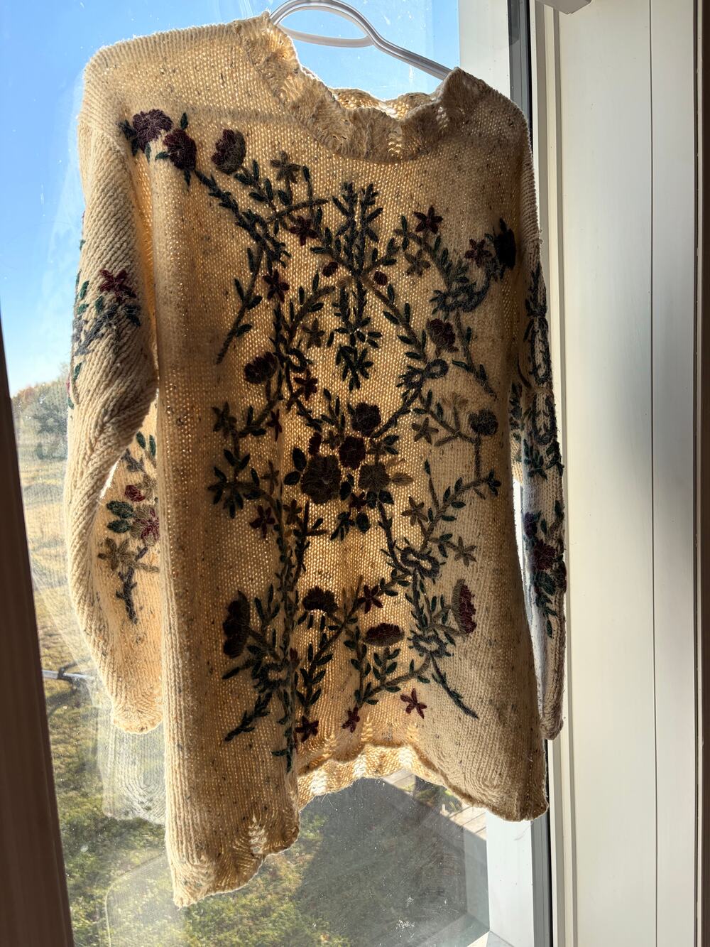 Vintage English Cottagecore Grandma Hand Embroidered Floral Wool Blend Sweater O